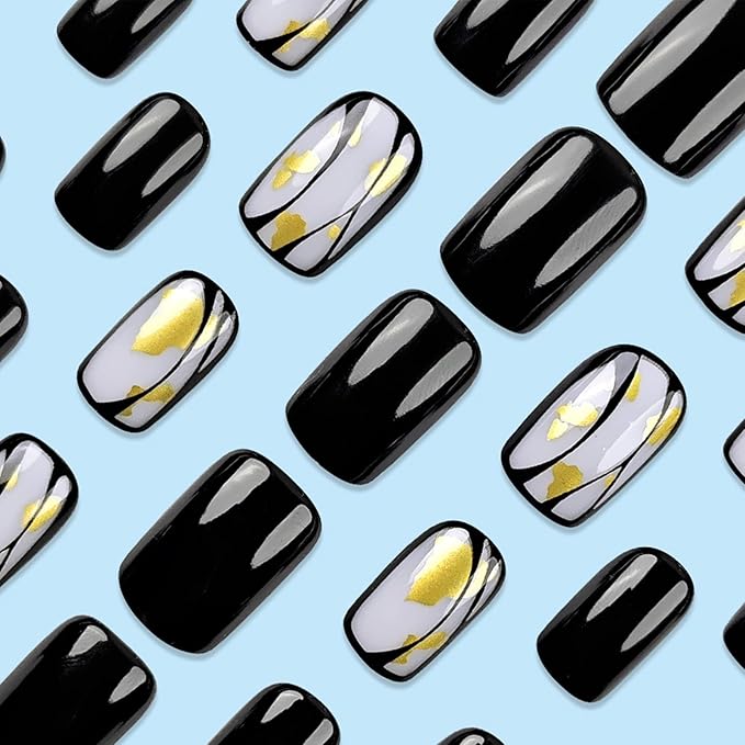 Square Press on Nails Short Fake Nails with Designs Gold Foil Stick on Nail Black French Acrylic False Nail Glossy Artificial Nail Full Cover Glue on Nails for Women 24Pcs
