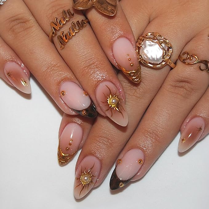 Almond Press on Nails Medium Fake Nails Gold Artificial Nail Brown French Gold Charm Stick on Nail for Women 24pcs