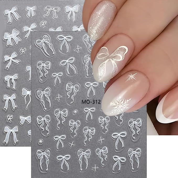 5D Bow Nail Stickers for Nail Art Embossed Self Adhesive Bow Nail Decals Pink White Ribbon Bows Design Cute Nail Art Stickers Lace Bows Nail Supplies for Women Valentines Nail Decorations 3Sheets