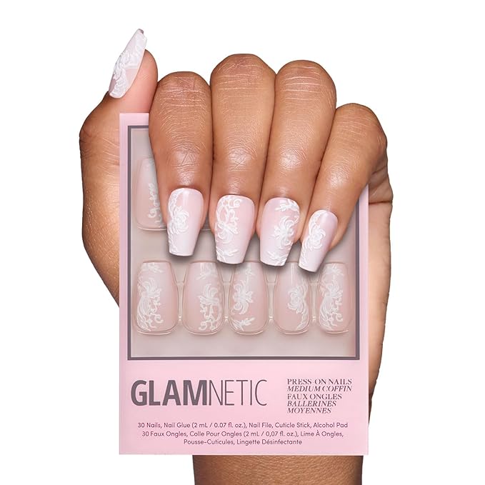 Valentines Day Glamnetic Press On Nails - Lace Blush | Glossy, Matte, Opaque, Medium Coffin Nails, with Lace Detailing, Salon Quality | 15 Sizes - 30 Nail Kit with Glue