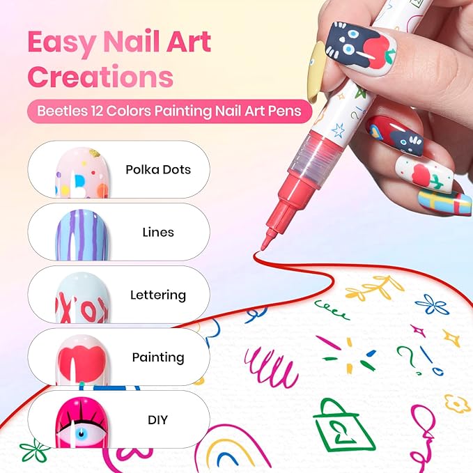Beetles 12 Colors Nail Art Pens, 0.5mm Fine Line Nail Polish Pens Quick Air Drying Acrylic Paint Markers for Nails Art Design Painting Dotting Liner Brush, DIY Home & Salon Manicure Tools