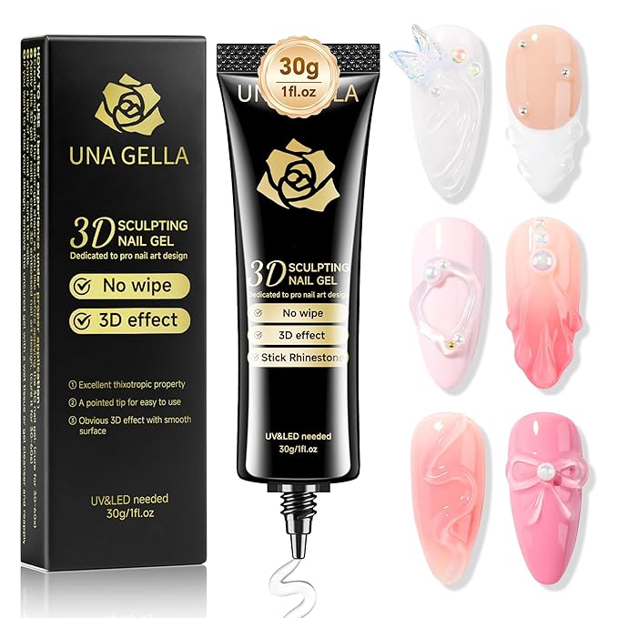 UNA GELLA 3D Gel Nail Art 30g, 4 in 1 No Wipe Clear 3D Sculpting Gel Polish Nail Glue for Nails Tips, Chrome Nails Powder, Nails Charms and Painting Christmas Art Designs Lamp Curing Required