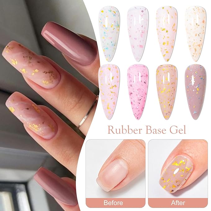 MTSSII Rubber Base Gel Nail Polish Kit with Golden Sequins For Nails, Glitter Sequins Gel Nail Polish Set, Soak Off UV Cured Nail Nail Art Design at Home