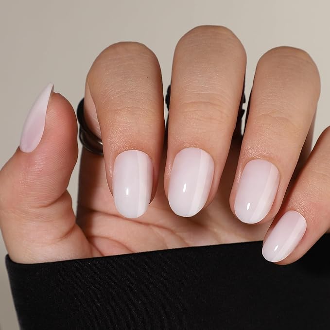 White Press on Nails Short Almond Fake Nails Salon Quality with Nails Glue False Nails Solid Color Designs Glossy Acrylic Nails Full Cover Thickened Stick on Nails for Nail Art DIY 16 Sizes