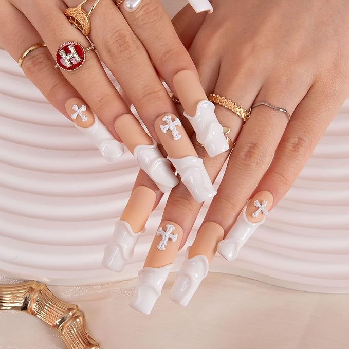LOVFUL Press on Nails Maze | Handmade with Full Covered Crystals | Reusable Full Cover Nails | Square Mid length 1.7 in | H272-S