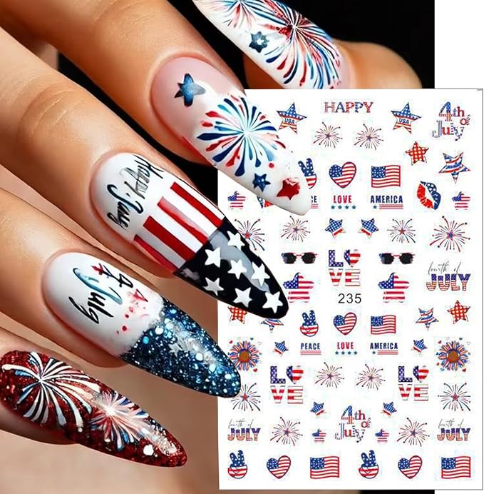6Pcs/Celebrate 4th of July Nail Stickers for Nail Art Set - Independence Day Fireworks USA America UK Flags Adhesive Nail Art Sticker Decals DIY Patriotic Manicure Sliders Decorations Supplies