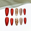 Sun&Beam Nails Handmade Press-on Long Amlond Red Brown Rhinestone Minimalist Magnet Design Fashion False Nail Tips 10 Pcs Set (#214 XS)