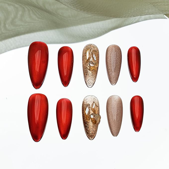 Sun&Beam Nails Handmade Press-on Long Amlond Red Brown Rhinestone Minimalist Magnet Design Fashion False Nail Tips 10 Pcs Set (#214 M)