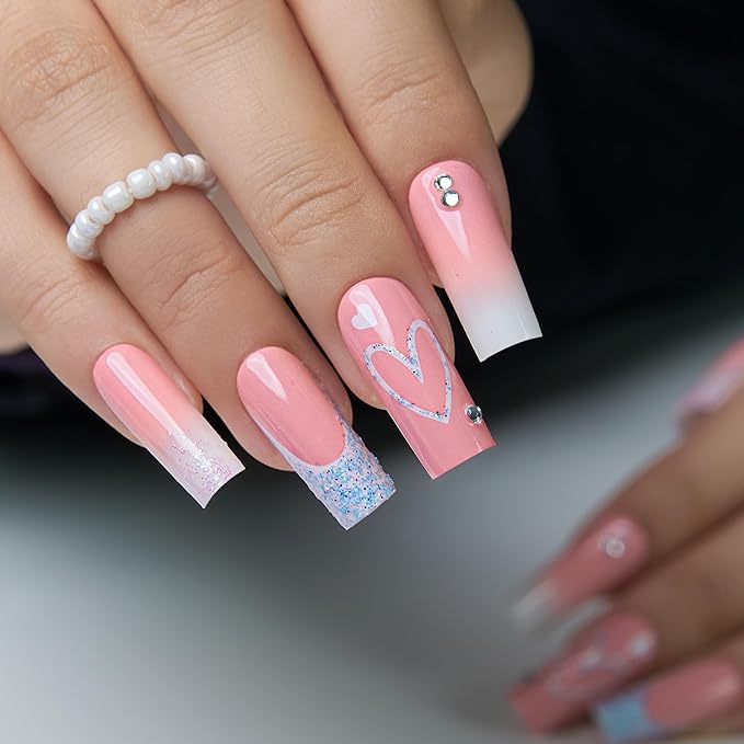 CurvLife Press On Nails – 30Pcs Soft Gel Fake Nails, Reusable Glue On Nail Kit with Adhesive Tabs, Natural Fit & Salon-Quality for Women & Girls (Sparkling Heart Ombre)