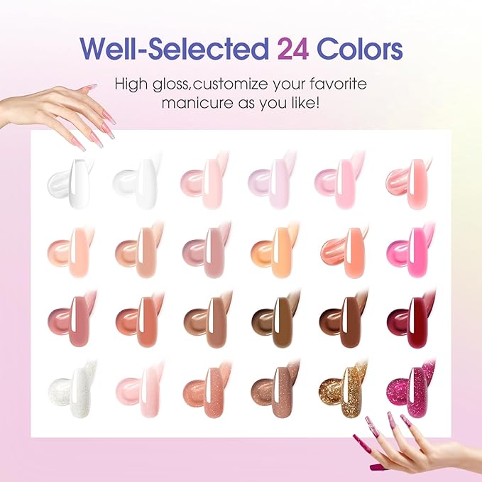 ROSALIND Poly Nail Gel Kit -24 Colors + Pink Glitter with Accessories Clear Nude Poly Nails Gel Starter Kit with Mini UV Lamp Slip Solution Base Top Coat Nude Pink Extensions Set