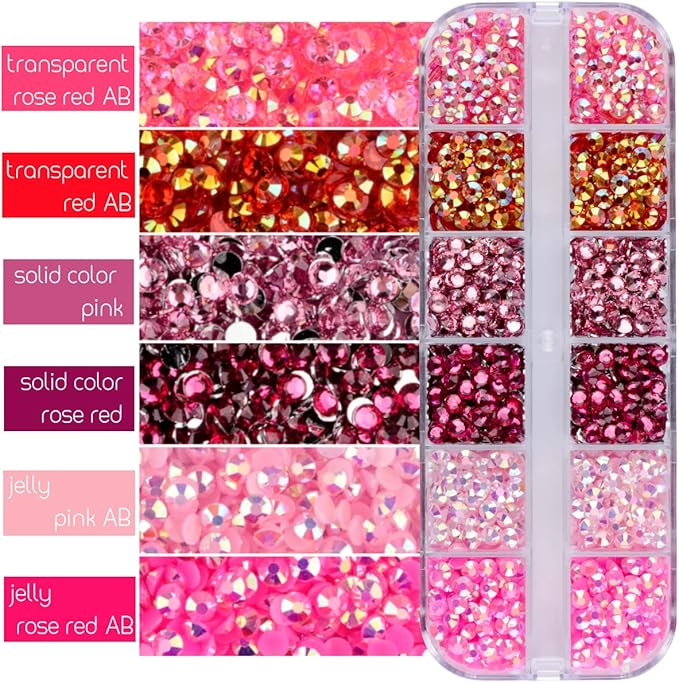 5 Boxes 12420pcs Sparkling Crystal Nail Rhinestones Kit, Flatback Multicolor Transparent Jelly AB Mermaid Gems with Pick Up Pen and Curved Tweezers for Manicure Salon & Craft DIY Designs (Pink)