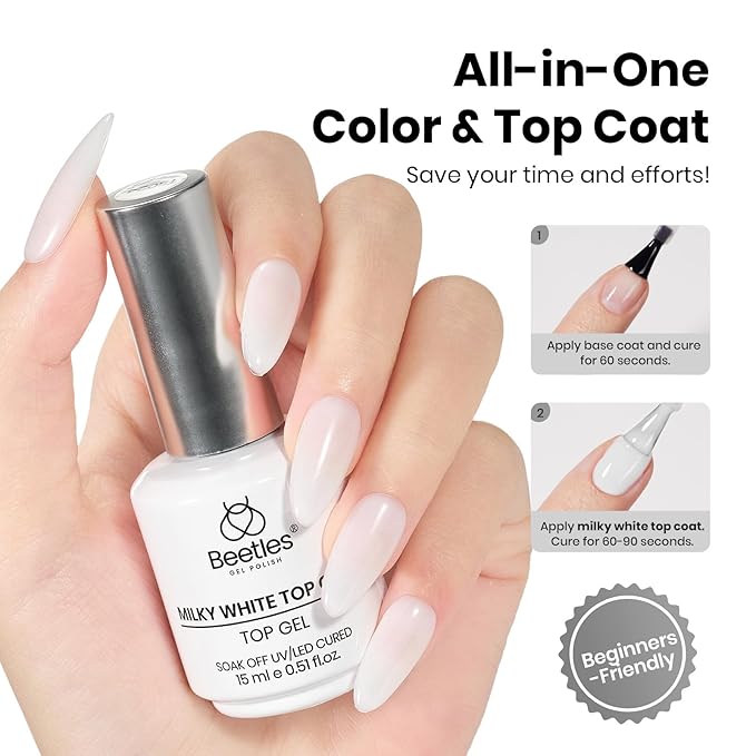 Beetles Milky White Gel Top Coat 15ML - 2-in-1 No Wipe Top Coat Gel Nail Polish Non Yellowing White Shine Finish and Long Lasting, Soak Off UV LED Nail Lamp, Nails Art Design Manicure Gifts for Women