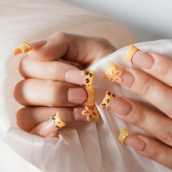 Handmade Press on Nails Short Duck Luxury 3D Leopard Print - Yellow French Tips with Hibiscus Flower Charms, Reusable Thick Acrylic Full Cover (Blush Yellow Leopard Bloom, M)