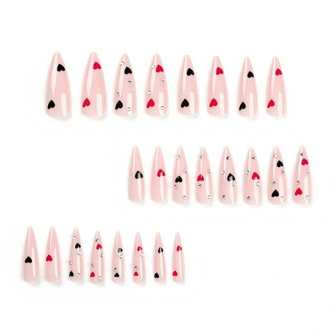 24Pcs Valentines Press on Nails Long Almond Fake Nails Black Red Heart with Rhinestones Design False Nails Romantic Peach Heart Full Cover Glue on Nail Stick on Nails Acrylic Nail for Women DIY Kit