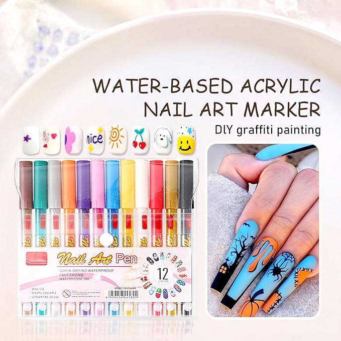 12 Colors Nail Art Pens Set,Nail Polish Pens for Painting Nails,Drawing Painting Dotting Liner Acrylic Nail Art Markers Kit,Waterproof Quick-Drying Nail Pens Manicure Tools for DIY Nail Art Design