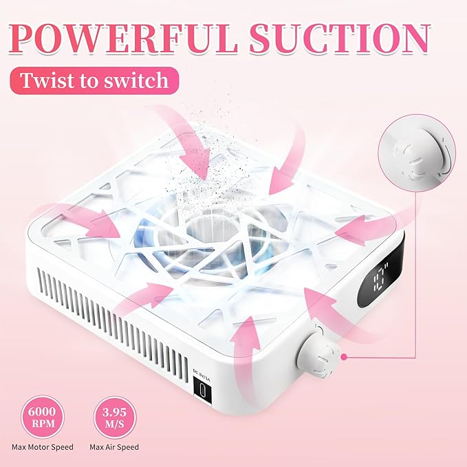 Nail Dust Collector, 6000RPM Rechargable Dust Collector Nail Tech with 30Pcs Reusable Filters, Protable Nails Vacuum Fan Dust Collector Powerful Suction for Beginner Nails Salon & Home