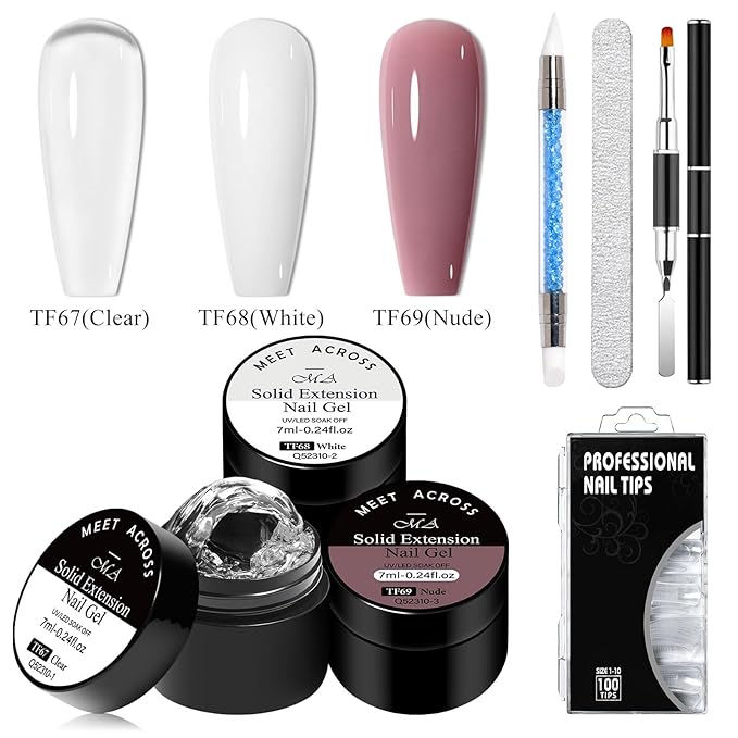 MEET ACROSS Solid Builder Nail Gel 3D Nail Gels Sculpting Gel for Art Non-Sticky Hand Extension Clear White Dirty Pink with Nail Pen Gift for Women
