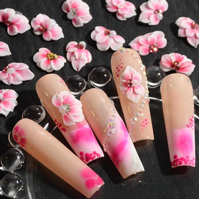 30PCS 3D Handmade Flower Nail Art Charms Advanced Handcrafted Cherry Blossom Flower Colorful Sculpted Floral Nails with Rhinestone Caviar Beads Design for Women Profession Nail Art Craft Jewelry