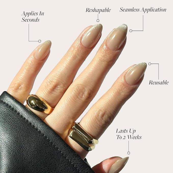 Glamnetic Press On Nails - Honey Bun Fake Nails | Trendy Neutral Nude Velvet Sparkly Short Almond Fake Nails, Salon Quality | 15 Sizes - 30 Nail Kit with Glue