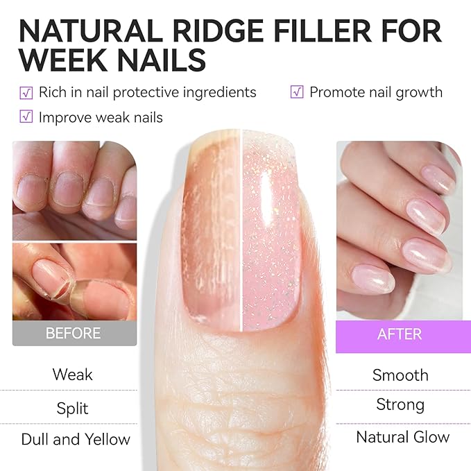 Nail Strengthener and Damaged Nail Repair: Glitter Pink 15ml Natural Protein Nail Hardener Extra Strong and Growth for Damaged Nails-6 in 1 Non-Toxic Nail Ridge Filler for Home DIY Manicure Housewife