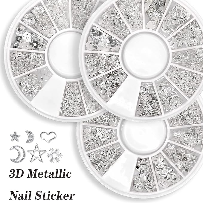 3D Nail Charms CXUEMH 6 Boxes 72 Grids Nail Rivets Set Metallic Nail Art Stickers Nail Jewelry Decorations Multiple Shapes Silver Star Metal Nail Studs Decals DIY Nail Accessories (silver)