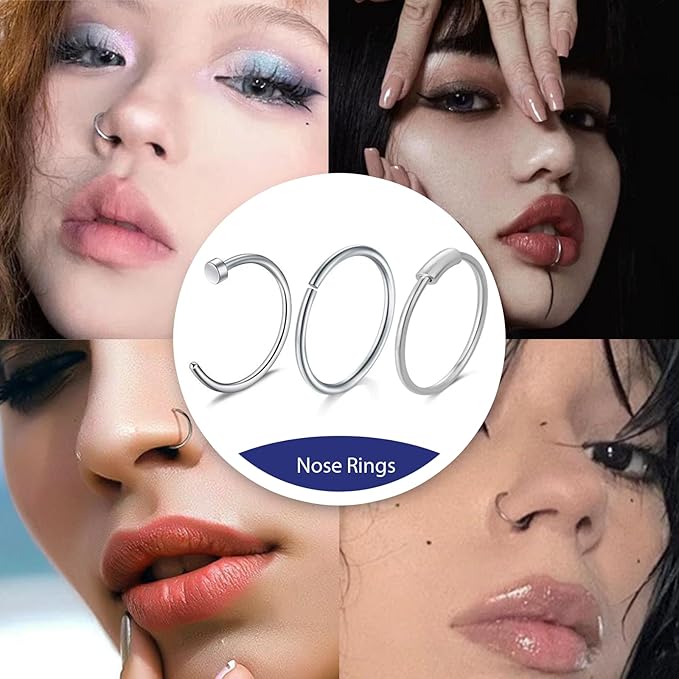 Yugui Nose Piercing Kit 20G Nose Piercing Rings, Nails and 18G Piercing Needles Disposable Piercing Clamps Gloves Clean Pads Home DIY Self Body Piercing Tools Kit Supplies