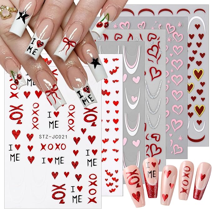 6 Sheets Valentines Nail Art Stickers Sparkling Heart Nail Decals 3D Self-Adhesive Red Heart English Letter Nail Designs French Lines Nails Stickers for Women Romantic Valentine's Holiday Nails Decor