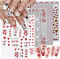 6 Sheets Valentines Nail Art Stickers Sparkling Heart Nail Decals 3D Self-Adhesive Red Heart English Letter Nail Designs French Lines Nails Stickers for Women Romantic Valentine's Holiday Nails Decor