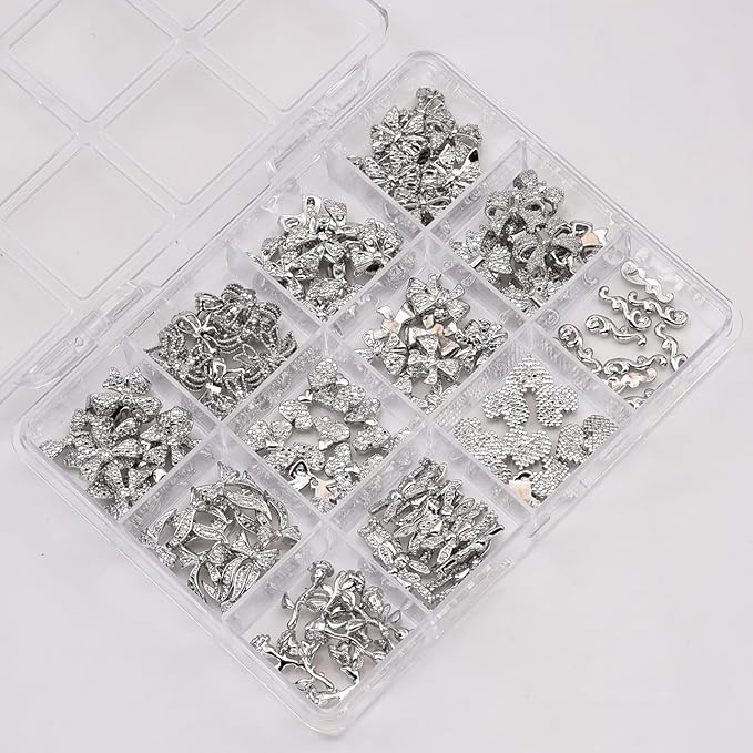 120pcs 12 Styles Black Metal Nail Charms Nail Bows Crushed Rabbit 3D Heart Rose Flower Studs Y2k Alloy Nail Decoration Rhinestone Jewelry for Acrylic Nails Art Kit Accessories Supplies