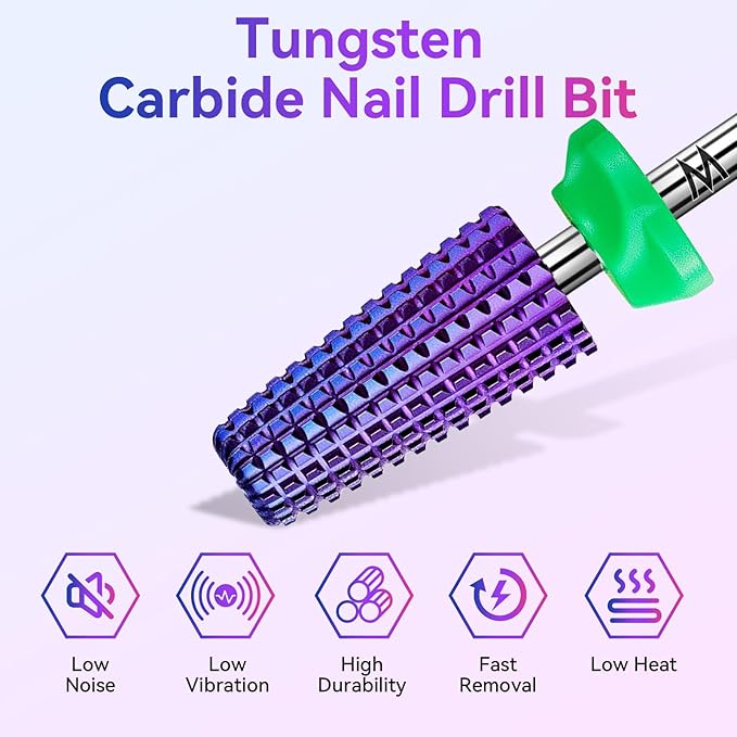 Makartt 5-in-1 Nail Drill Bits - 3/32" Shank Tungsten Carbide Tapered Bit for Fast Removal of Acrylic Nails, Hard Gel & Cuticles, Professional Nail E-File Bits for Nail Drill Machines (Fine, Purple）