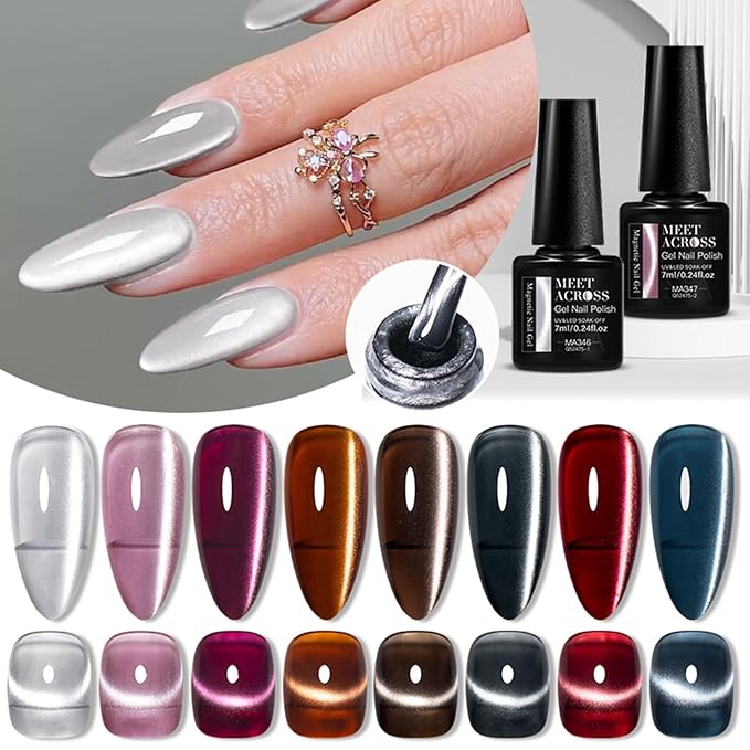 MEET ACROSS Magnetic Cat Eye Gel Polish, Cat Eye Gel Nail Polish, Long-Lasting, Multi-Color Shift, UV/LED Soak Off Varnish for Home Salon Manicures Nail Art