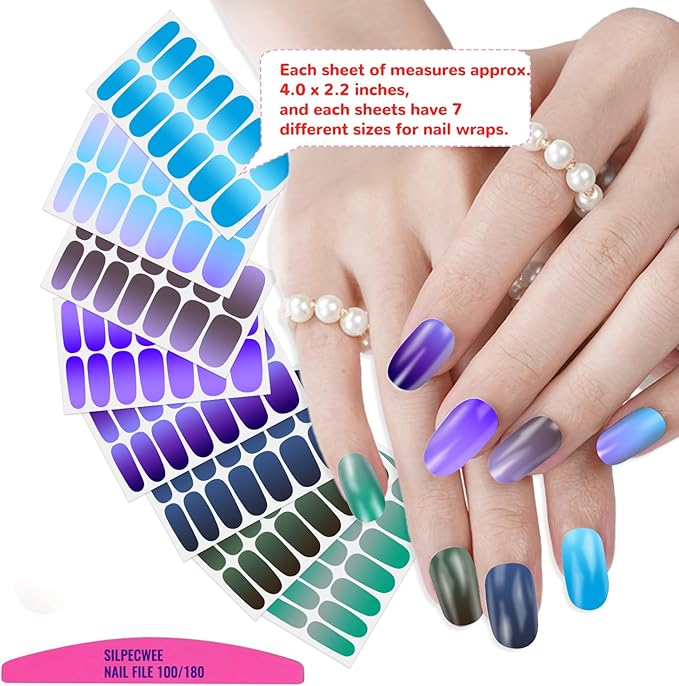 SILPECWEE 16 Sheets Nail Polish Stickers Nail Wraps for Women Gradient Color Gel Nail Stickers Self Adhesive Nail Polish Strips Fingernail Sticker with Nail File (Dark Color Style)