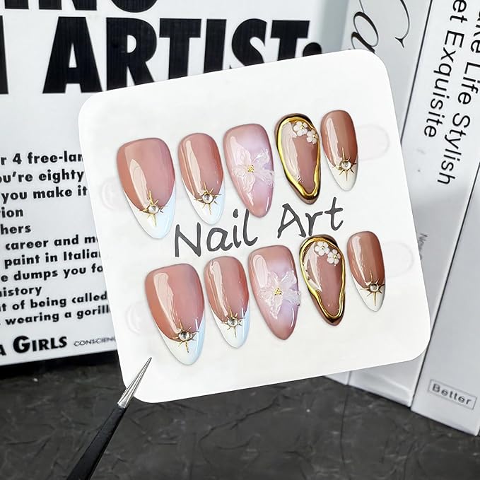 White French Tip Press on Nails Short Almond Fake Nails Handmade Press on Nails Flower False Nails Golden Embossed Designs Full Cover Muti-Layer Gel Stick on Nail Acrylic Nails for Women (Size M)