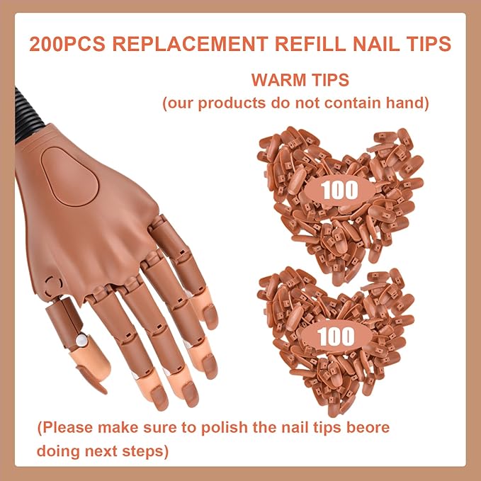 MEKK 200PCS Replacement False Nail Tips for Nail Practice Hand,Refill Nail Tips for Practice Hand & DIY Nail Art-Brown