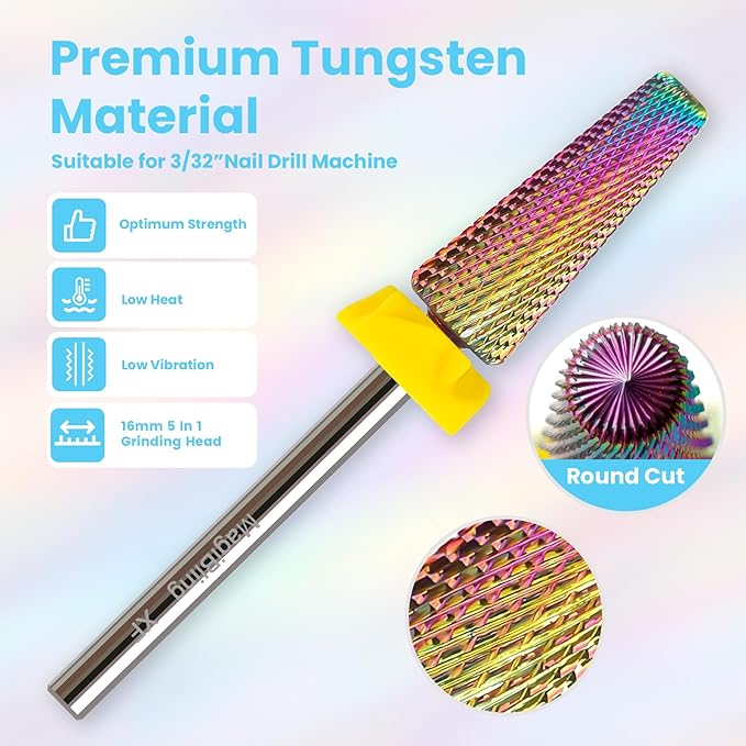 xf 5 in 1 Nail Drill Bits, 16mm Tapered 3/32'' Professional Tungsten Carbide Bits for Efile, 2 Rotation for Electric Drill, Remove Thin Gel, Manicure Cuticle Gel Polishing, Nail Techs Bits, Extra Fine