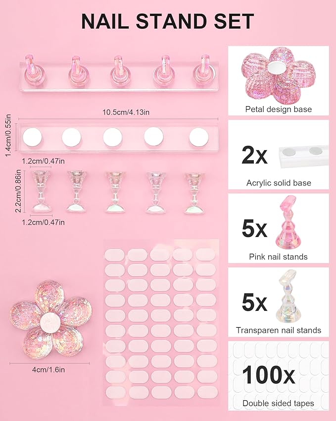 Nail Stand for Press Ons, Nail Holder for Painting Nails, Upgraded Solid Acrylic Magnetic Fake Nail Stands Tips, Flower Nail Holder with Double-sided Tape Practice Nail Art Tools