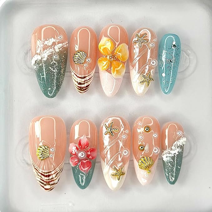Luxury Press on Nails Medium Almond French Tip Handmade 3D Unique Reusable ABS Material Fake Nails Summer False Nails with Designs Plumeria Floral Art Petal Glossy Glue on Nails Thick Acrylic Nails(S)