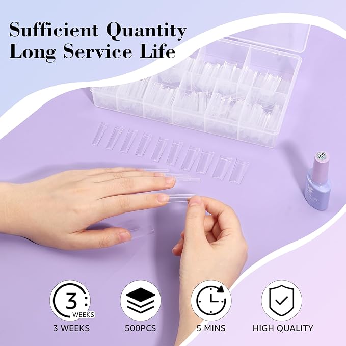 LIONVISON 500PCS No C Curve Nail Tips, Long Square 10 Sizes Half Cover Straight Square French Clear Fake Nail Tips for Acrylic Nails Professional for Nail Art Salon