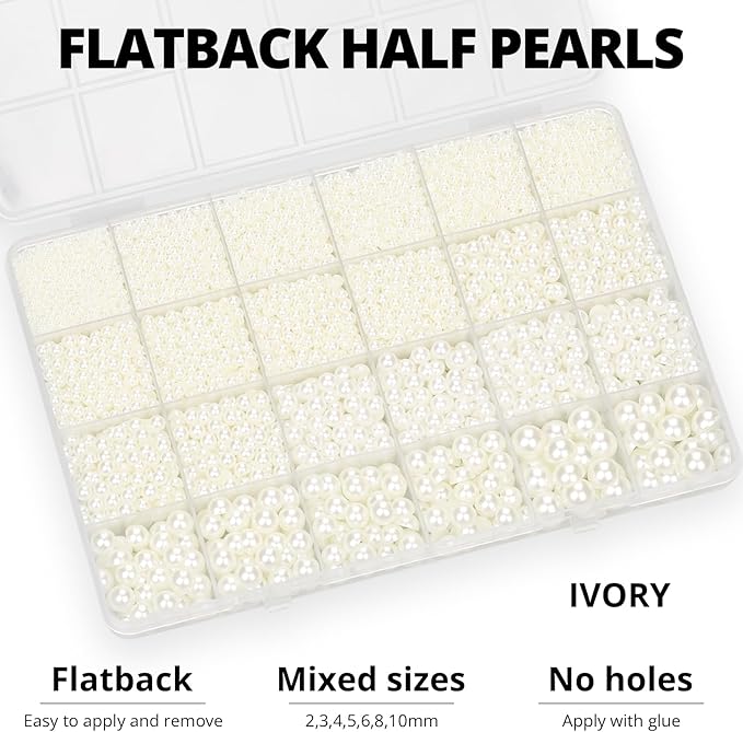 10000Pcs Ivory Flatback Pearls with Glue Kit for Bedazzling Crafts Crafting Shoes Nail Art Decoration, Mixed Sizes 2mm 3mm 4mm 5mm 6mm 8mm 10mm Beige Half Round Flat Back Pearls Beads Set