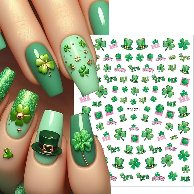 6 Sheets St. Patrick's Day Nail Art Stickers 3D Self-Adhesive Hats, Balloons, Horseshoes, Clover Nail Decals Lucky St Patricks Day Nail Stickers Gold Coins Flower Shamrocks Nail Art Decals for Women