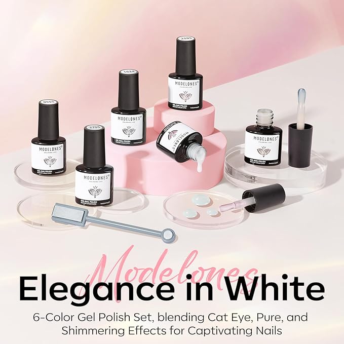 modelones White Gel Nail Polish, 6 Colors Milky White Cat Eye Gel Polish Set with Magnet Nude Jelly Soak Off Nail Kit Manicure DIY Nail Art Salon Home Gift