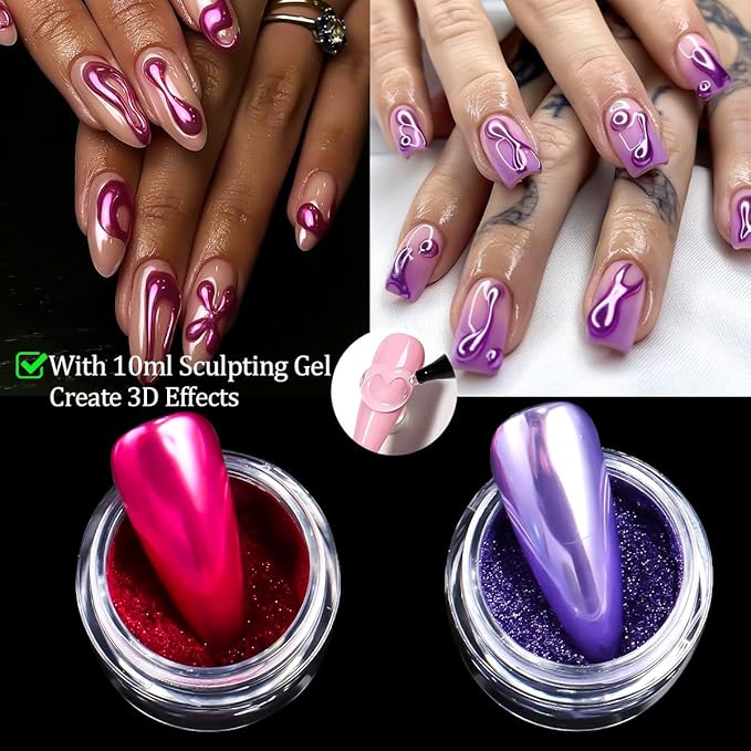9 Jars Chrome Nail Powder for Gel Nails, Metallic Mirror Effect Pigment Nail Chrome Powder Kit with 10ml 3D Sculpting Gel for Home DIY Salon Use