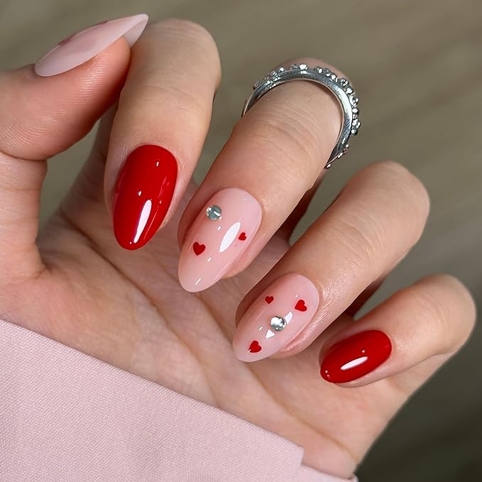 CurvLife Press On Nails Medium Almond Red Heart Bow, Glossy Soft Gel Fake Nails, Reusable Salon Look Manicure for Women Teens Beginners, 30pcs, Daily Wear Work Party