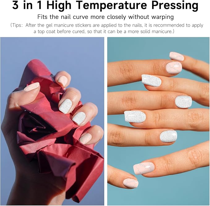 Semi Cured Gel Nail Strips,28 Pcs Gel Nail Stickers Wraps (Glitter Heart),Long Lasting Polish Strips with UV Light, Easy to Apply