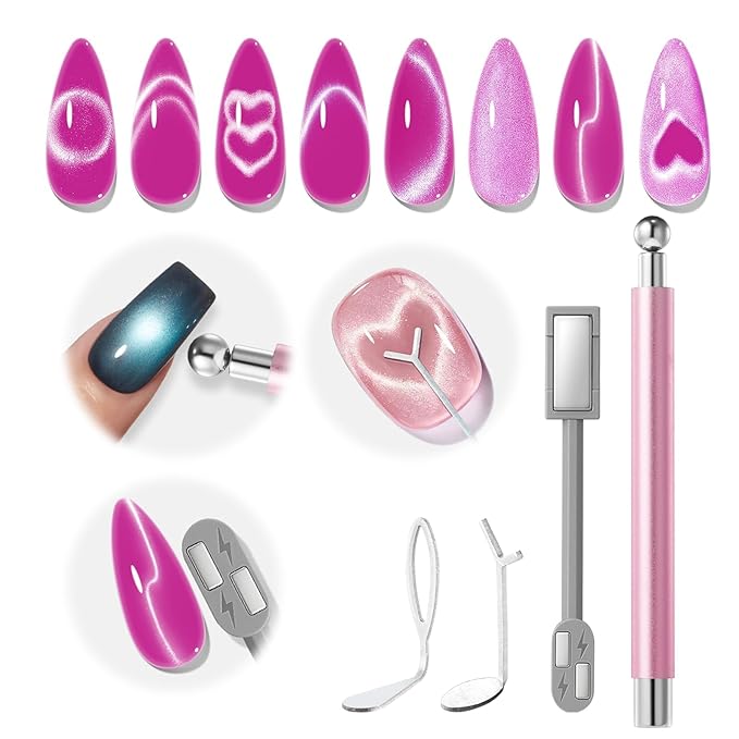 modelones Cat Eye Gel Polish Nail Magnet, 3-in-1 Cat Eye Magnet Pen & Heart-Shaped for Nail Art Tool Cylindrical & Ball &Hole &Lightning Magnet, Multi-Effect Magnets for Cateye Gel Polish DIY Salon