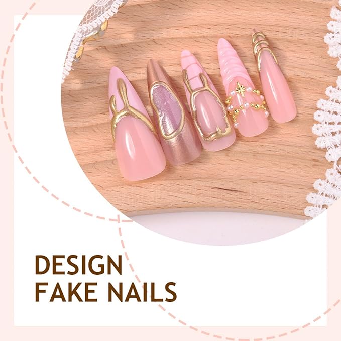 Long Press on Nails Almond Fake Nails Cat Eyes Artificial Nail Pink Gold Charm and Pearl Designs Cute Stick on Nail for Women 24pcs
