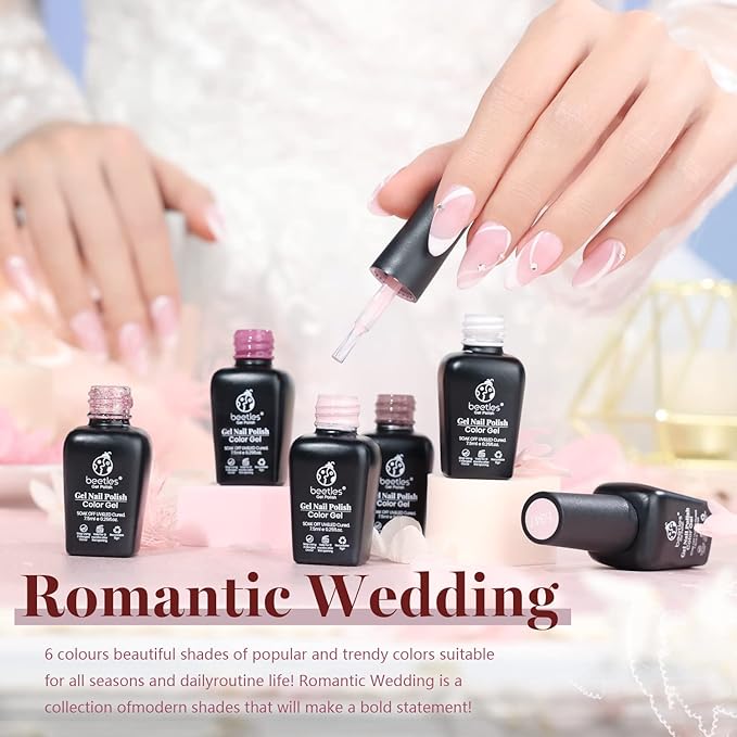 Beetles Romantic Wedding Gel Nail Polish Set Holiday Gift, 6 Colors Soak Off UV Manicure Kit with 2 Pcs 15ml No Wipe Gel Top Coat and Base Coat Set Gifts for Women