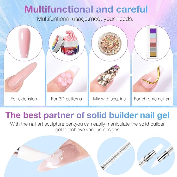 60g Solid Builder Nail Gel with 3D Sculpting Mold, Non-Sticky Hand Carving Gel for Nail Art Extension - Hard Gel for DIY & Salon, UV/LED Cured, Large Capacity (Pink)