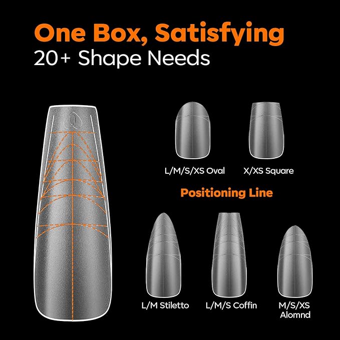 modelones Long Coffin Guiding Line Nail Tips, Soft Gel Tips Fake Nails False Acrylic Extensions Seamless Accurate Positioning Scale Line, Full Matte Professional Nail Salon 216PCS 12Sizes