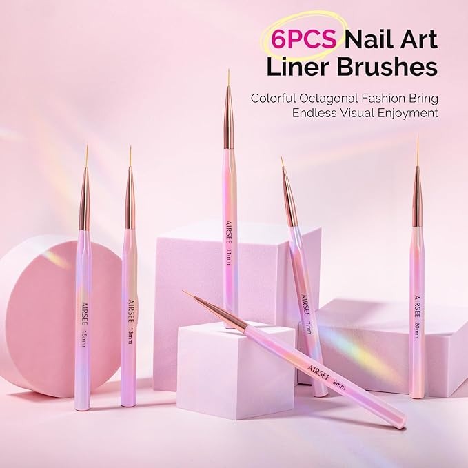 AIRSEE 6Pcs Nail Art Liner Brushes Set, Liner Brush For Nails Gel, Thin Line, Detail Painting, Art Design Pen For Long Lines, Fine Drawing Sizes 7/9/11/13/15/20mm, Pink